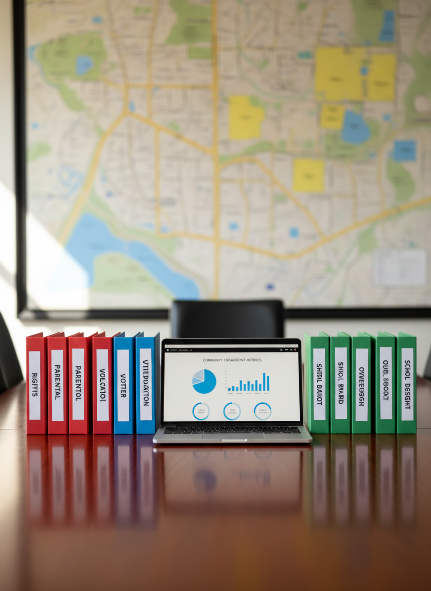 A polished wooden conference table neatly arranged with color-coded folders labeled “Parental Rights,” “Voter Education,” and “School Board Oversight,” alongside a sleek silver laptop displaying a clean civic engagement dashboard. A large wall map of a suburban community with highlighted school zones fills the softly blurred background. Natural daylight filters through unseen windows, casting gentle, even illumination and subtle reflections on the table’s surface. Photographic realism at eye level with a slight angle emphasizes depth and order, creating a professional, trustworthy mood. The composition uses the rule of thirds, with sharp focus on the documents in the foreground and a mild bokeh on the map, evoking organized, local civic action without any human presence.