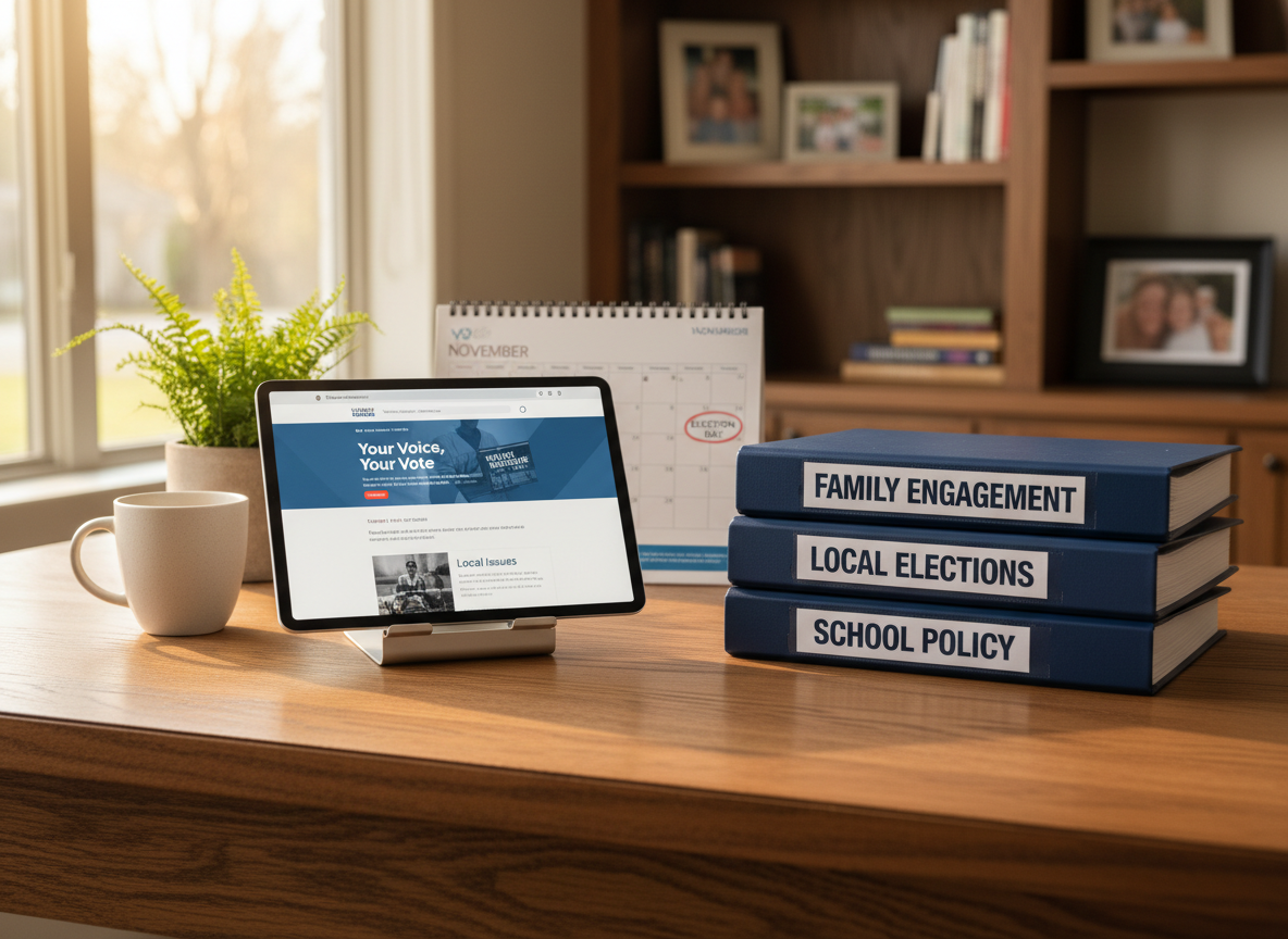 A well-organized suburban home office desk featuring a sturdy oak surface with a subtle grain, a tablet propped on a stand displaying a non-branded, modern voter information website, and a small stack of binders labeled “Family Engagement,” “Local Elections,” and “School Policy.” A simple ceramic mug, a potted fern, and a calendar open to an election month provide additional context. Late afternoon natural light streams in from the left, creating soft highlights on the tablet screen and gentle shadows behind the binders. Photographic realism with a slightly elevated angle and shallow depth of field keeps the tablet and labeled binders in crisp focus while the background shelves gently blur, conveying a calm, focused, and competent atmosphere around family-centered civic engagement.