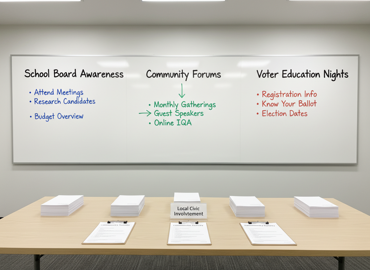 A clean, modern meeting space with a large whiteboard spanning the wall, filled with neatly handwritten headings such as “School Board Awareness,” “Community Forums,” and “Voter Education Nights,” each surrounded by bullet points and arrows in different marker colors. On a rectangular table below, tidy stacks of non-branded brochures, clipboards with blank community survey forms, and a small tabletop sign reading “Local Civic Involvement” are carefully arranged. Soft, diffused ceiling lights create even, shadow-free illumination, highlighting the text and materials in photographic detail. Captured from a slightly wide, eye-level perspective, the image shows the entire scene in sharp focus, projecting an organized, professional, and solution-oriented mood without including any people.