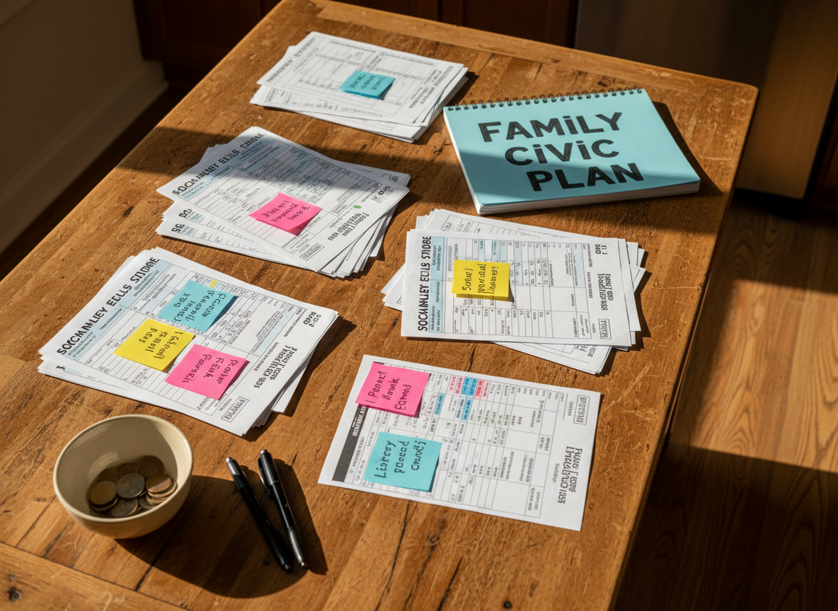 A sturdy wooden kitchen table at the center of a bright suburban kitchen, covered with an organized spread of local election sample ballots, non-branded voter guides, and a spiral notebook titled “Family Civic Plan.” Colored sticky notes flag important school board races and family-related measures. Morning sunlight pours through an unseen window, creating warm highlights on the paper edges and soft shadows from pens and a simple ceramic bowl in the corner. Photographic realism with an overhead, slightly angled perspective captures the entire tabletop in crisp focus. The atmosphere feels practical, family-oriented, and empowering, suggesting families thoughtfully preparing to participate in local elections and advocate for their values.