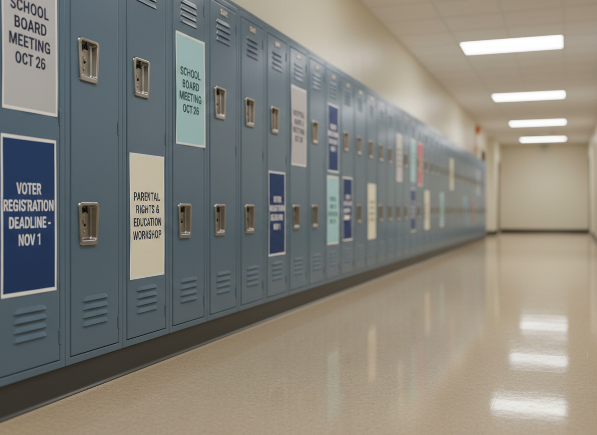 A row of evenly spaced, classic metal school lockers in muted blue, each adorned with tasteful, non-partisan civic engagement flyers about school board meetings, parental rights workshops, and voter registration reminders, all printed in clean typography and balanced colors. A polished linoleum floor reflects the lockers and papers subtly, while soft fluorescent school lighting provides even, neutral illumination. Photographic realism at a slightly low angle lengthens the hallway and draws the eye toward the distant vanishing point, where details gently fade into a mild blur. The mood is quietly purposeful and community-focused, hinting at student and family engagement in local education decisions without showing any individuals.