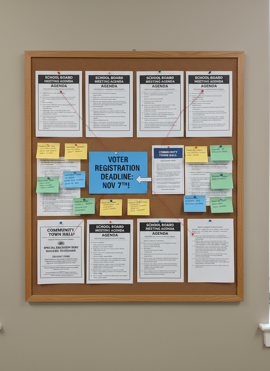 An orderly bulletin board mounted on a neutral-toned office wall, densely covered with neatly pinned school board agendas, community meeting notices, voter registration deadlines, and color-coded index cards summarizing key parental rights. Small arrows and string connections link related items, forming a clear visual network of civic information. Soft overhead office lighting blends with diffused window light, creating a bright, readable photographic realism without harsh contrast. Shot straight on at eye level with sharp focus across the entire board, the composition feels structured and informative. The atmosphere is professional and proactive, suggesting organized local involvement and awareness, while the absence of people keeps the focus entirely on the information and civic processes.