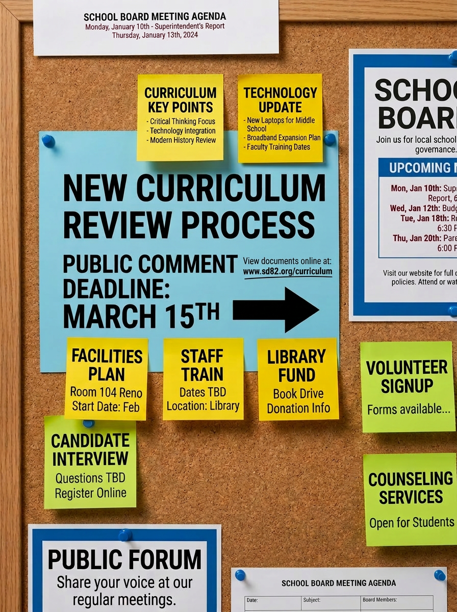 An orderly bulletin board mounted on a neutral-toned office wall, densely covered with neatly pinned school board agendas, community meeting notices, voter registration deadlines, and color-coded index cards summarizing key parental rights. Small arrows and string connections link related items, forming a clear visual network of civic information. Soft overhead office lighting blends with diffused window light, creating a bright, readable photographic realism without harsh contrast. Shot straight on at eye level with sharp focus across the entire board, the composition feels structured and informative. The atmosphere is professional and proactive, suggesting organized local involvement and awareness, while the absence of people keeps the focus entirely on the information and civic processes.
