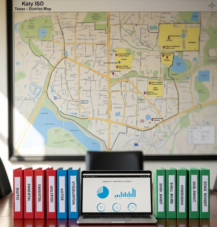 Laptop showing community engagement charts between red, blue, and green binders labeled for different topics
