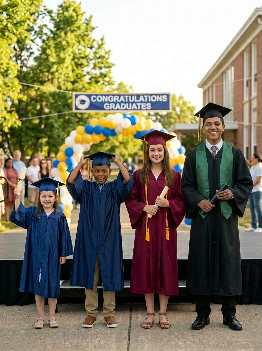 Graduates of various school levels celebration Four smiling graduates in caps and gowns holding diplomas with congratulatory banner